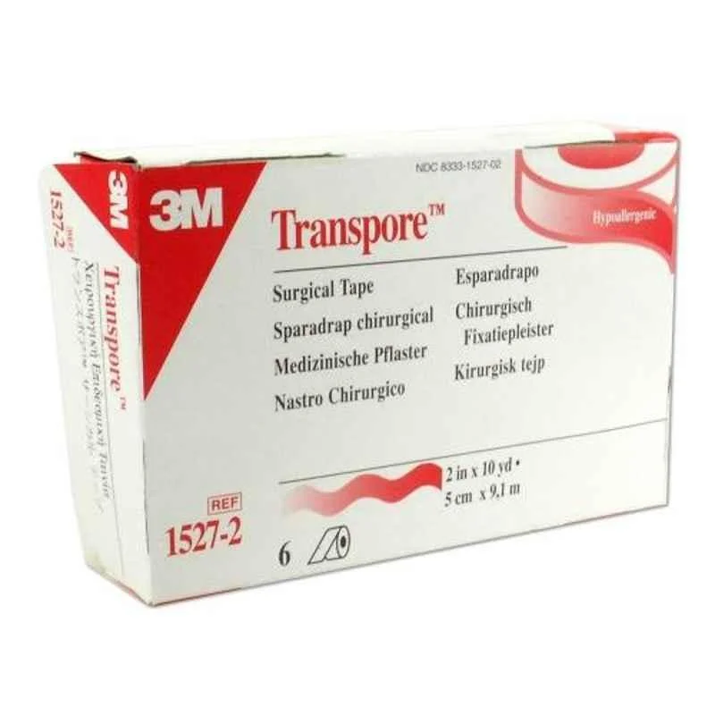 3M Transpore 2 inch Surgical Tape Roll, 1527-2 (Pack of 6)