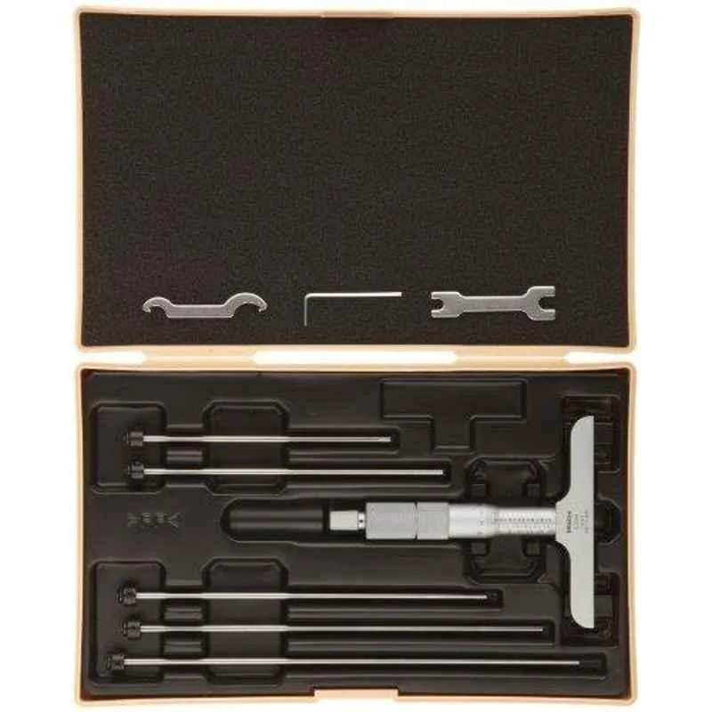 Mitutoyo 0-50mm Micrometer Type Vernier Depth Gauge with 2 Pcs Interchangeable Rod, 129-109