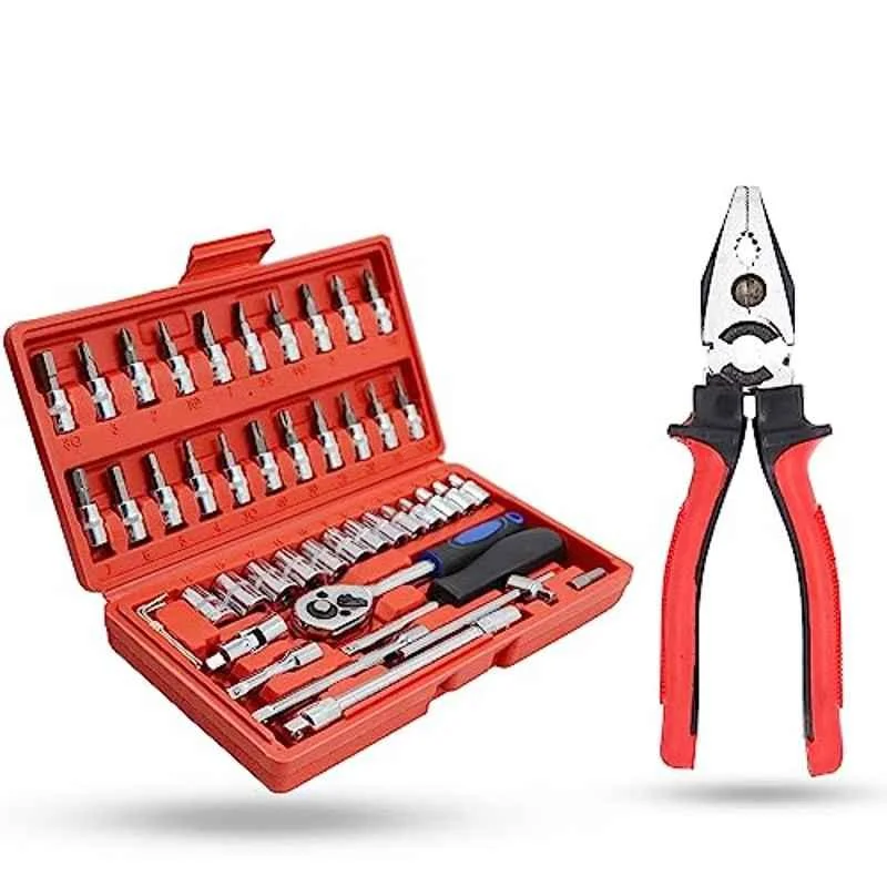 Hillgrove 46 Pcs 1/4 inch Ratchet Socket Spanner & 8 inch Plier Set, HGCM1008