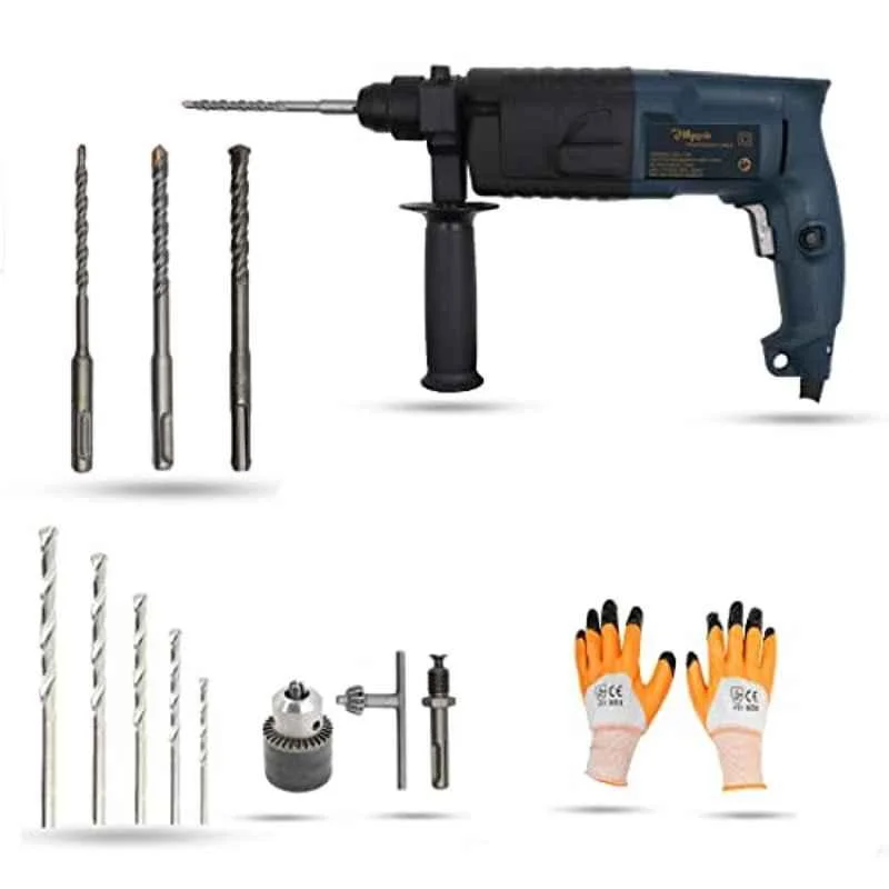 Hillgrove 750W Forward & Reverse Rotation Hammer Impact Drill Machine with 3 Pcs SDS Plus Bit, Drill Chuck, 5 Pcs Masonry Drill Bit, SDS Plus Adapter & Gloves, HGCM871