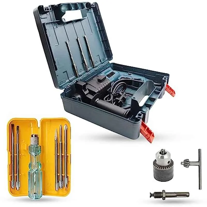 Hillgrove 750W Forward & Reverse Rotation Hammer Impact Drill Machine with 3 Bits, Drill Chuck, SDS Adapter & 5 in 1 Screwdriver, HGCM1203