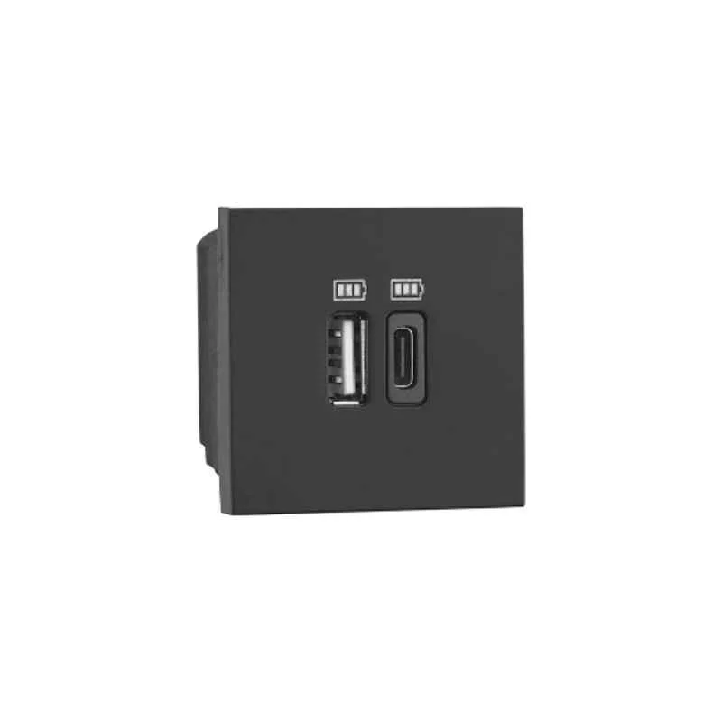 Legrand Allzy 3000mA 2 Module Matt Black USB Socket for Type-C & Type-A Charger, 681270