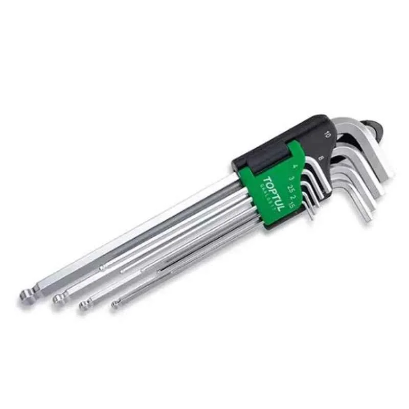 Toptul 9 Pcs SNCM+V Steel L Type Extra Long Ball Point & Hex Key Wrench Set, GAAL0917 (Pack of 8)