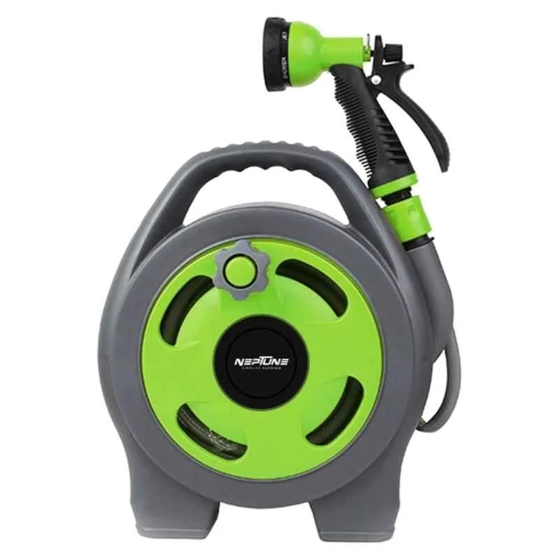 Neptune 10m PVC Mini Garden Hose Reel with Versatile 7-in-1 Spray Nozzle & Hose Connector