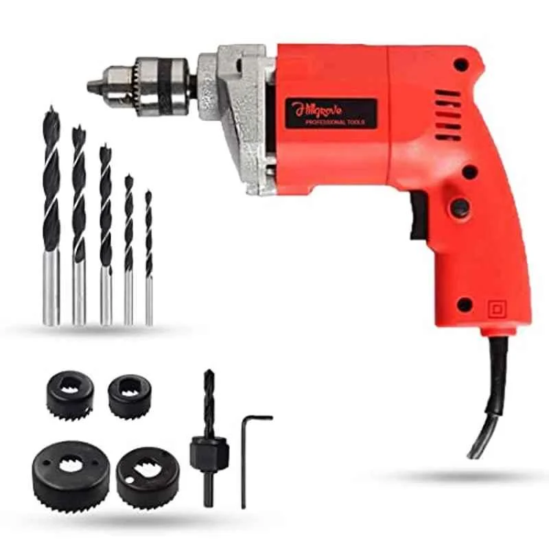 Hillgrove 500W Variable Speed & Reverse Rotation Drill Machine with 5 Pcs Wood Drill Bits & 6 Pcs Hole Saw, HGCM913