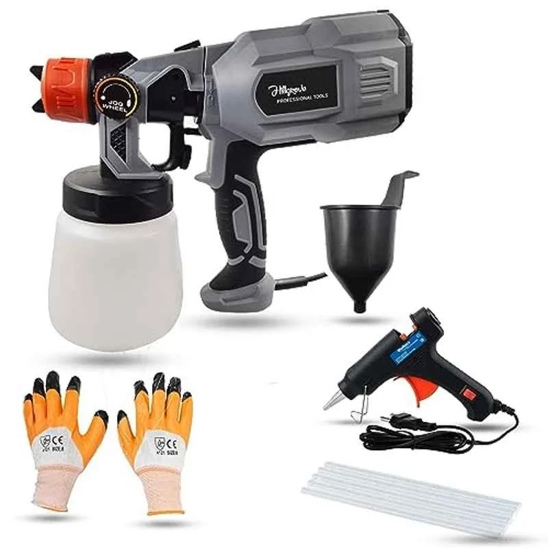 Hillgrove 550W 0.8 Litre Plastic DIY HVLP Paint Sprayer Gun with 20W Glue Gun, Gloves & 5 Pcs Glue Sticks, HGCM1290