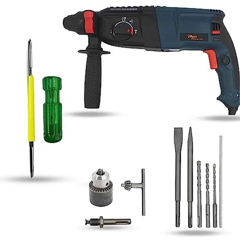 Hillgrove 1200W Forward & Reverse Rotation Hammer Impact Drill Machine with Drill Chuck, SDS Adapter, 5 Pcs SDS Plus Bit & 2 in 1 Screwdriver, HGCM1229