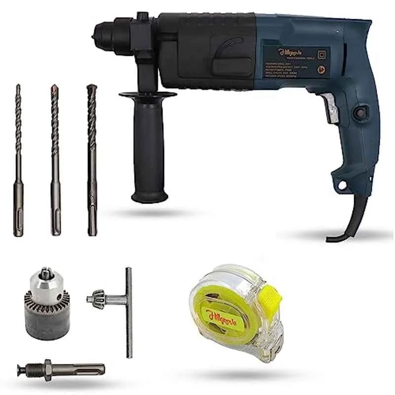 Hillgrove 750W Forward & Reverse Rotation Hammer Impact Drill Machine with 3 Bits, Drill Chuck, SDS Adapter & Measuring Tape, HGCM1199