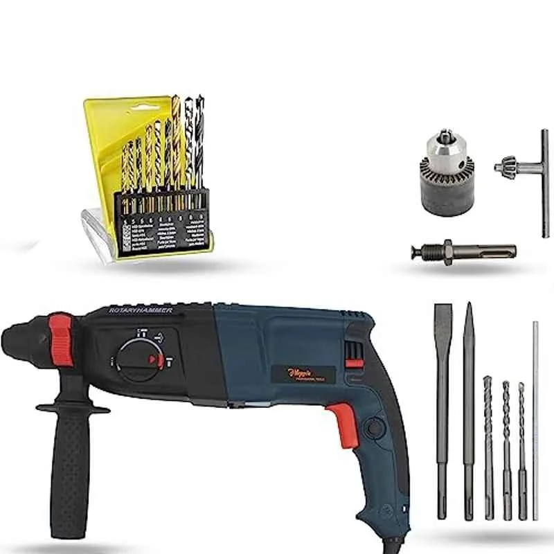 Hillgrove 1200W Forward & Reverse Rotation Hammer Impact Drill Machine with Drill Chuck, SDS Adapter, 5 Pcs SDS Plus Bit & 9 Pcs Drill Bit, HGCM1237