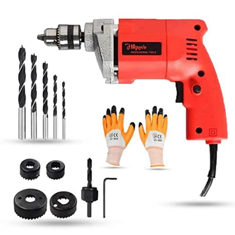 Hillgrove 500W Variable Speed & Reverse Rotation Drill Machine with 5 Pcs Wood Drill Bits, Gloves & 6 Pcs Hole Saw, HGCM916