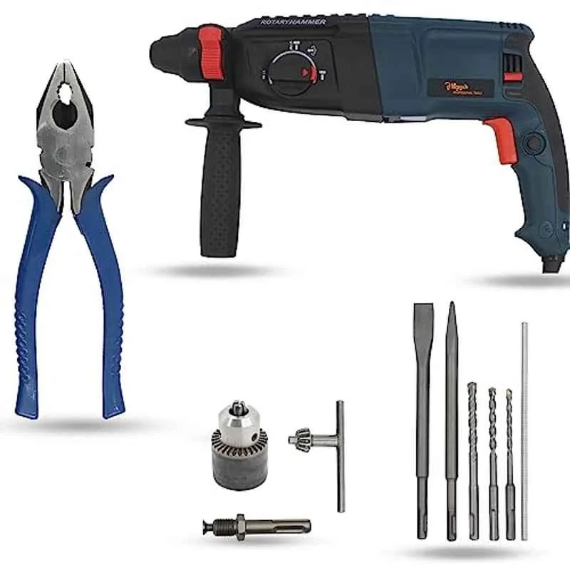 Hillgrove 1200W Forward & Reverse Rotation Hammer Impact Drill Machine with Drill Chuck, SDS Adapter, 5 Pcs SDS Plus Bit & 8 inch Plier, HGCM1228