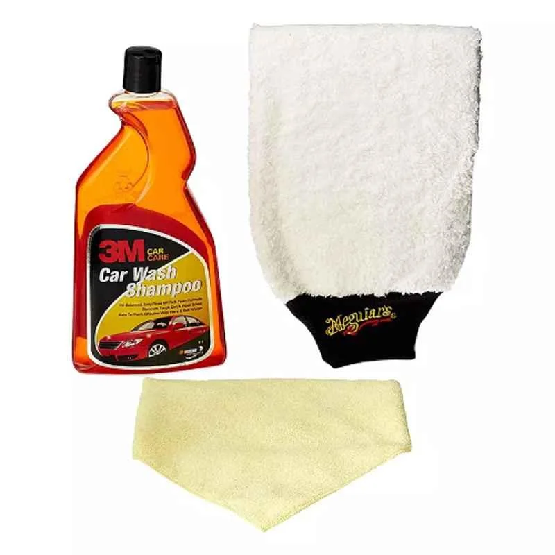 3M Car Cleaning Shampoo 1L, Microfiber Wash Mitt, Microfiber Cloth 12x14 inch