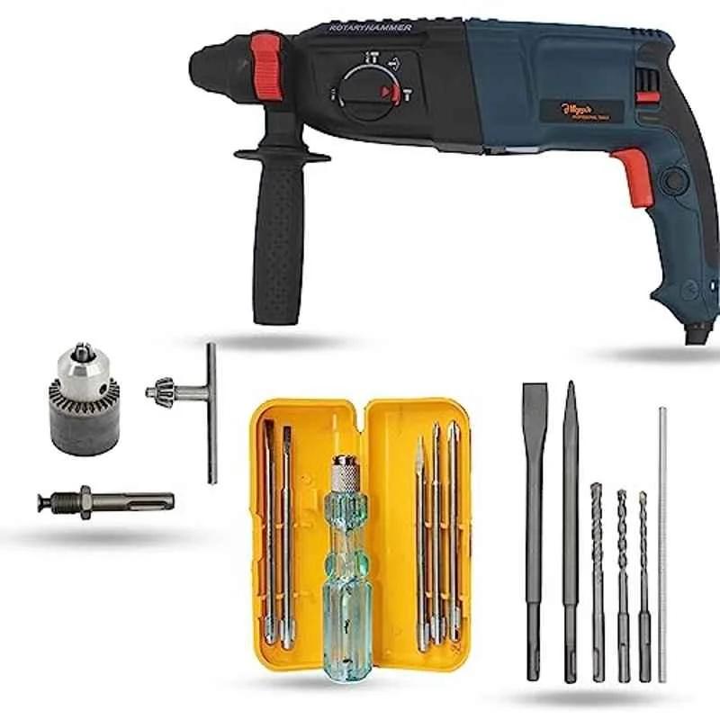 Hillgrove 1200W Forward & Reverse Rotation Hammer Impact Drill Machine with Drill Chuck, SDS Adapter, 5 Pcs SDS Plus Bit & 5 in 1 Screwdriver, HGCM1230