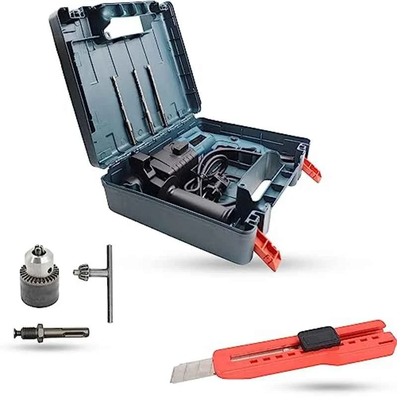 Hillgrove 750W Forward & Reverse Rotation Hammer Impact Drill Machine with 3 Bits, Drill Chuck, SDS Adapter & Utility Knife, HGCM1207