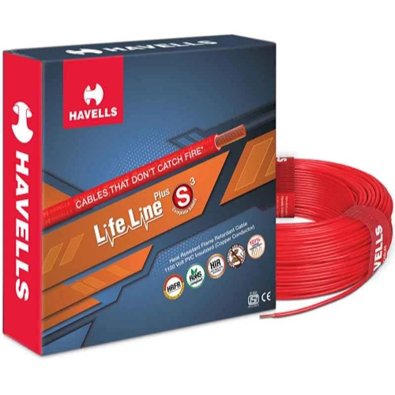 Havells 1 Sqmm Red Life Line Plus Single Core HRFR PVC Copper Insulated Flexible Cables, WHFFDNRA11X0, Length: 90 m