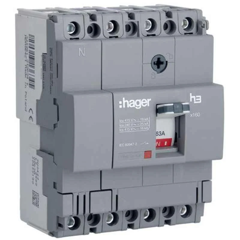 Hager 125A 4 Pole h3 Thermal Magnetic Release MCCB, HHA126Z, Breaking Capacity: 25 kA