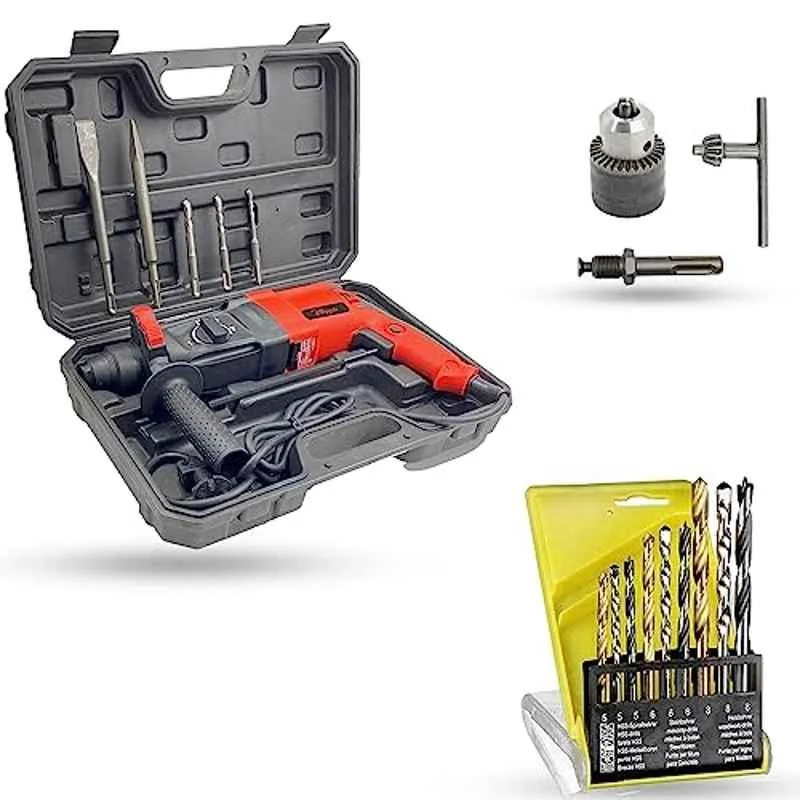 Hillgrove 1200W Forward & Reverse Rotation Hammer Impact Drill Machine with 5 Pcs SDS Plus Bit, Drill Chuck, SDS Adapter & 9 Pcs Drill Bit, HGCM1264