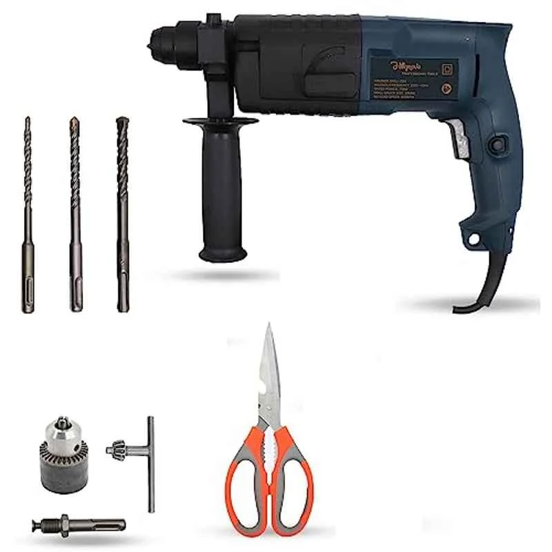 Hillgrove 750W Forward & Reverse Rotation Hammer Impact Drill Machine with 3 Bits, Drill Chuck, SDS Adapter & Scissior, HGCM1198