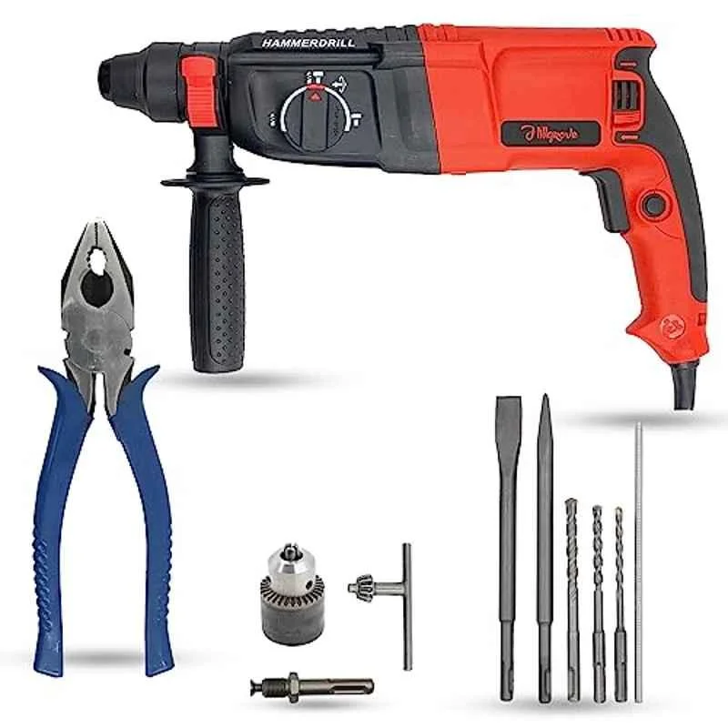 Hillgrove 1200W Forward & Reverse Rotation Hammer Impact Drill Machine with 5 Pcs SDS Plus Bit, Drill Chuck, SDS Adapter & 8 inch Plier, HGCM1255