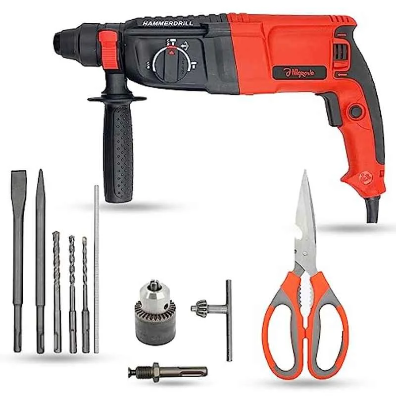 Hillgrove 1200W Forward & Reverse Rotation Hammer Impact Drill Machine with 5 Pcs SDS Plus Bit, Drill Chuck, SDS Adapter & Scissior, HGCM1252