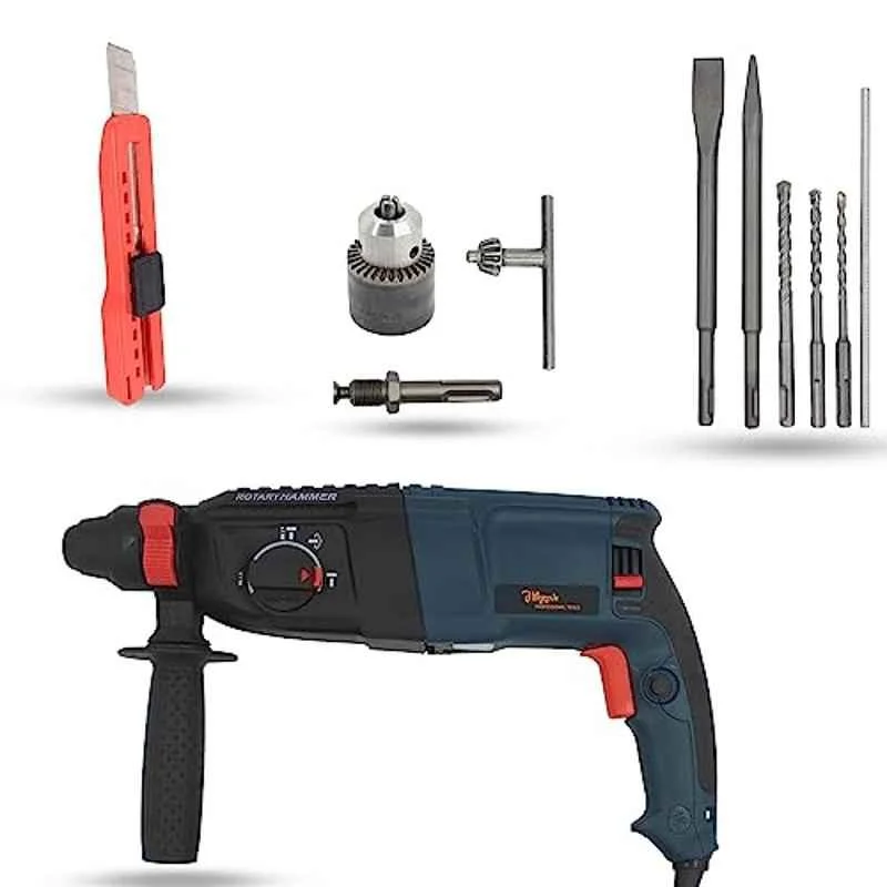 Hillgrove 1200W Forward & Reverse Rotation Hammer Impact Drill Machine with Drill Chuck, SDS Adapter, 5 Pcs SDS Plus Bit & Utility Knife, HGCM1234