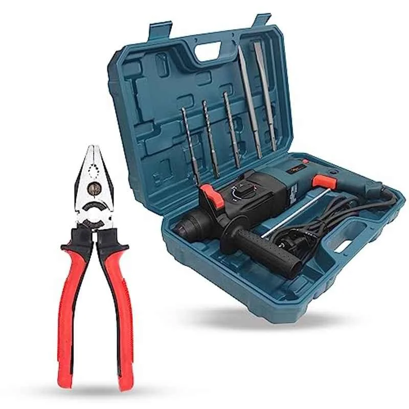 Hillgrove 1200W Forward & Reverse Rotation Hammer Impact Drill Machine with 5 Pcs SDS Plus Bit & 8 inch Plier, HGCM1214