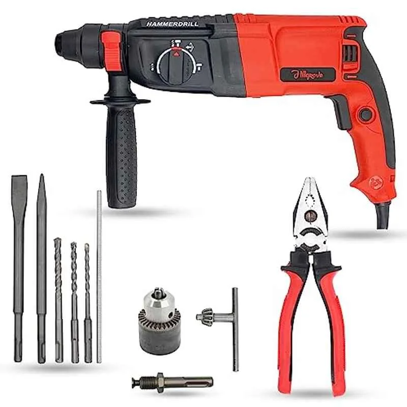 Hillgrove 1200W Forward & Reverse Rotation Hammer Impact Drill Machine with 5 Pcs SDS Plus Bit, Drill Chuck, SDS Adapter & 8 inch Plier, HGCM1254