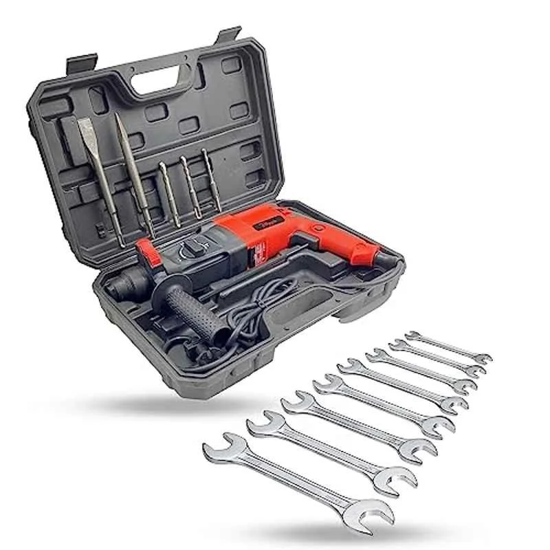 Hillgrove 1200W Forward & Reverse Rotation Hammer Impact Drill Machine with 5 Pcs SDS Plus Bit & 8 Pcs Double Open End Wrench, HGCM1250
