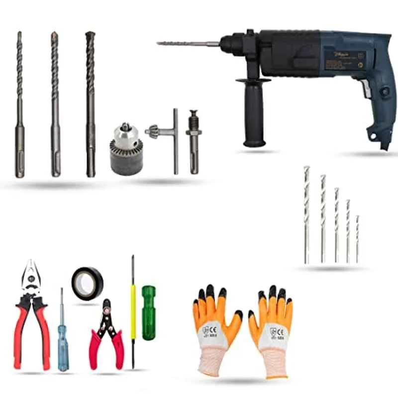 Hillgrove 750W Forward & Reverse Rotation Hammer Impact Drill Machine with 3 Bits, 5 Hand Tool, Drill Chuck, SDS Adapter & 5 Pcs Masonry Drill Bit, HGCM864